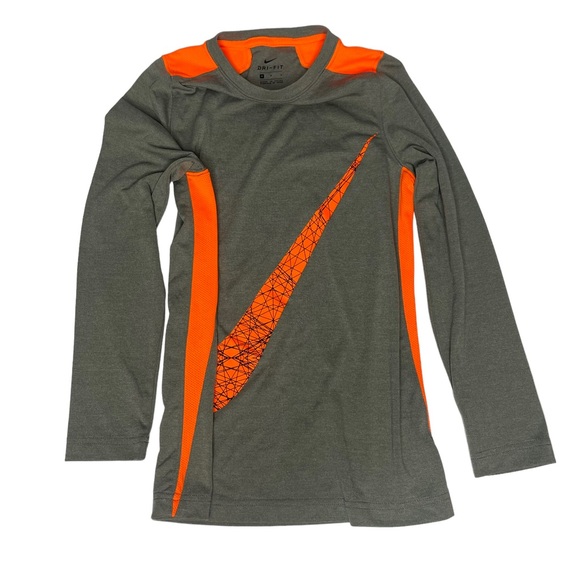 Boys Nike Long Sleeve Dri-Fit Swoosh Sports Athletic Tee M gray/orange - Picture 4 of 7